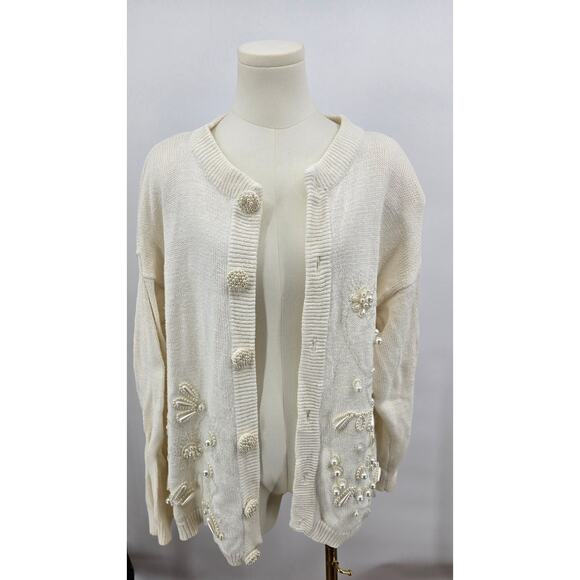 Vintage 1990s Victoria Harbour White Beaded Cardigan - Picture 1 of 7